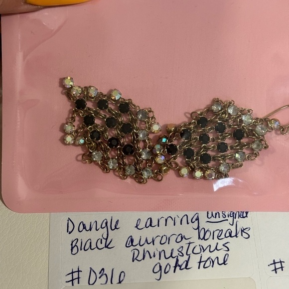 Black and clear rhinestones dangle earrings set in silver tone pierced ear #036 - Picture 6 of 7